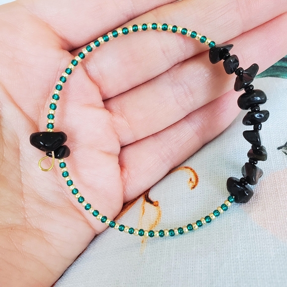 Hematite Gemstone w/ Gold & Teal Beaded Bangle Set - Picture 4 of 9